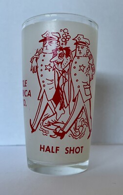 Half Shot Little America, WY Hazel Atlas Glass Frosted Red Drunk Guy Cartoon