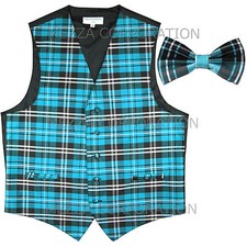 New Men's plaids checks Tuxedo Vest Waistcoat Bowtie Turquoise Blue wedding prom
