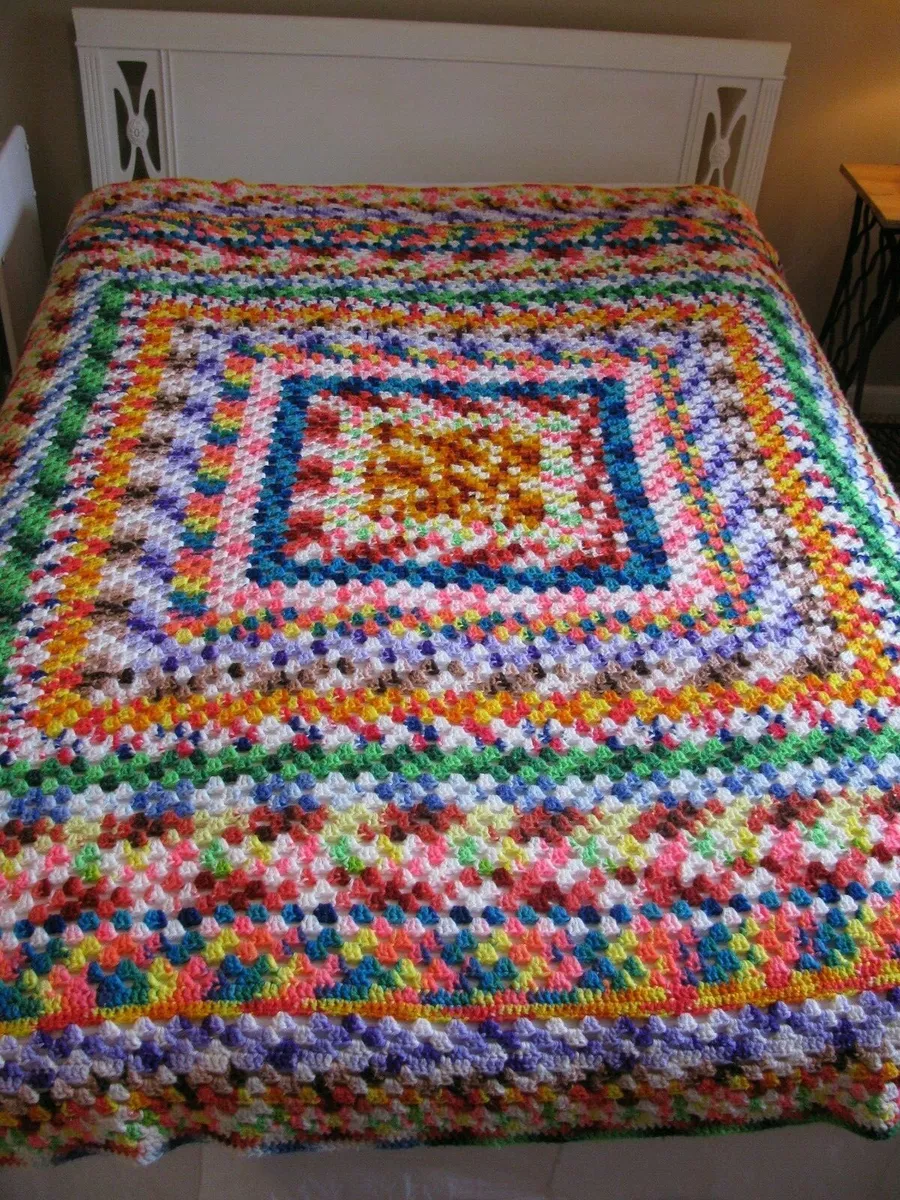 Handmade Blanket Quilt Knitted Crochet Multicolor 75x75 Full Queen Granny
