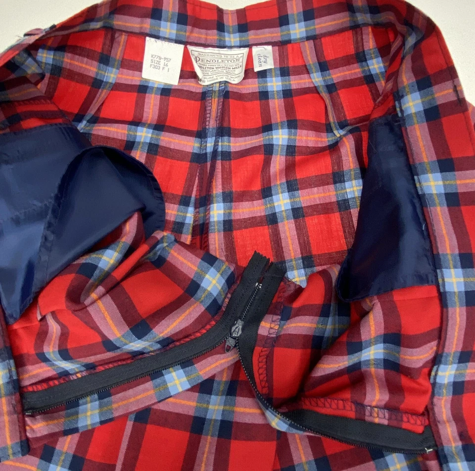 Pantalón a cuadros rojo Pendleton para mujer 16 con pliegues de lana virgen Vtg Foto 3 de 4