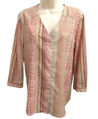 Van Heusen Womens 3/4 Sleeve V Neck Flowy Blouse Top Shirt Brown Pink Medium