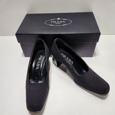 VTG Prada Women's Black Fabric & Leather 90's Pump Block Heel Shoes Size 5/35.5