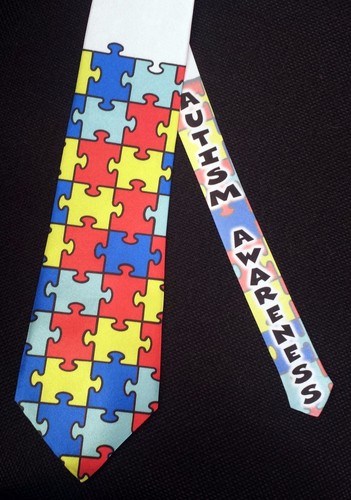 Autism Awareness puzzle tie - White satin classic tie - Picture 2 of 2