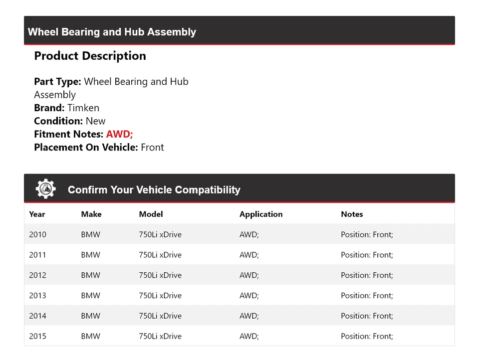 Conjunto de cojinete de rueda y buje delantero Timken para BMW 750Li xDrive 2010-2015 AWD Foto 2 de 4