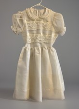 Vintage MERRY GIRL PARTY DRESS 12 Ivory Short Puff Sleeve Lace Attached Necklace