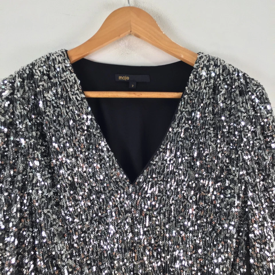 Blusa mujer Maje top talla 2 aus 10 plata lentejuelas metalizadas manga larga 122641 Foto 2 de 4
