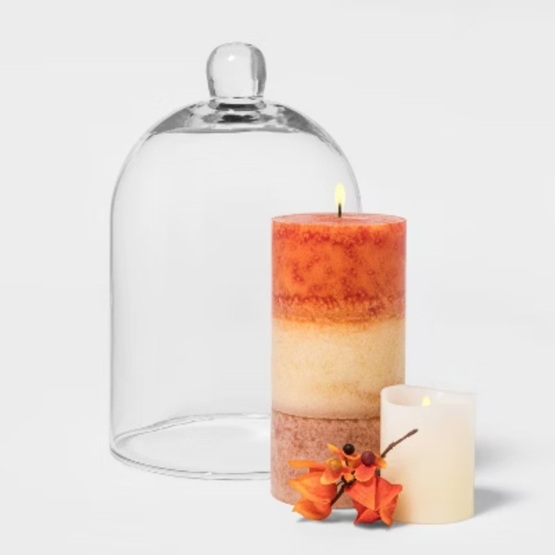 8.8" x 5.4" Glass Cloche Pillar Candle Holder Clear
