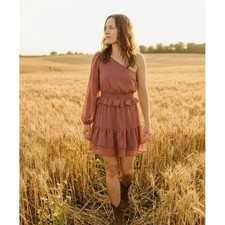 New Altar'd State One Shoulder Mini Dress Large Mauve Pink Clip Dot Ruffle Boho