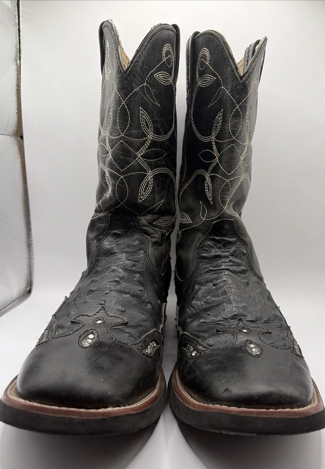 Roper Cowboy Boots Womens 8.5 Square Toe Black Embellished Leather Distressed - Image 2 of 4