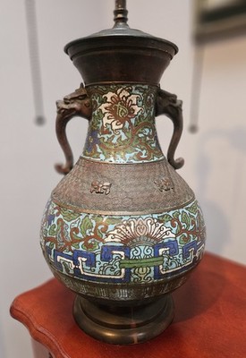 Antique Bronze/Copper Asian Cloisonne  Vase Lamp