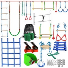 Ninja Warrior Obstacle Course for Kids Backyard - 2 50ft Slackline Kit with 10