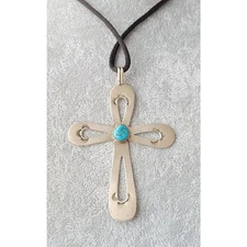 Navajo Annie Chapo Signed Sterling Silver Turquoise Nugget Cross Pendant 