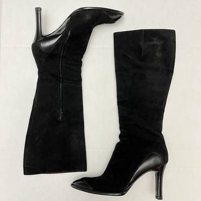 Tods Womens 8.5  Suede Leather Knee High Heeled Boots Italy Black