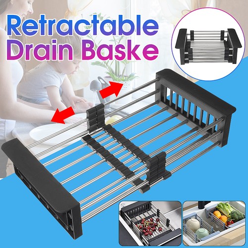 Stainless Steel Retractable Sink Drain Basket Kitchen Drying Rack Adjustable - Afbeelding 1 van 9