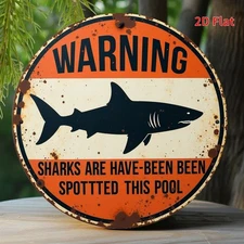 Tin Metal Sign Warning swimming Pool Sharks Wall Art Decor 8x8 