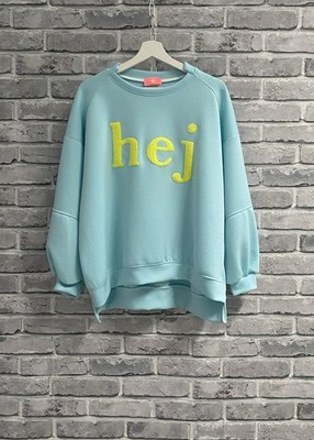 NEU Oversized Basic Sweater Türkis ''hey'' Flockprint Neongelb Abnäher Onesize