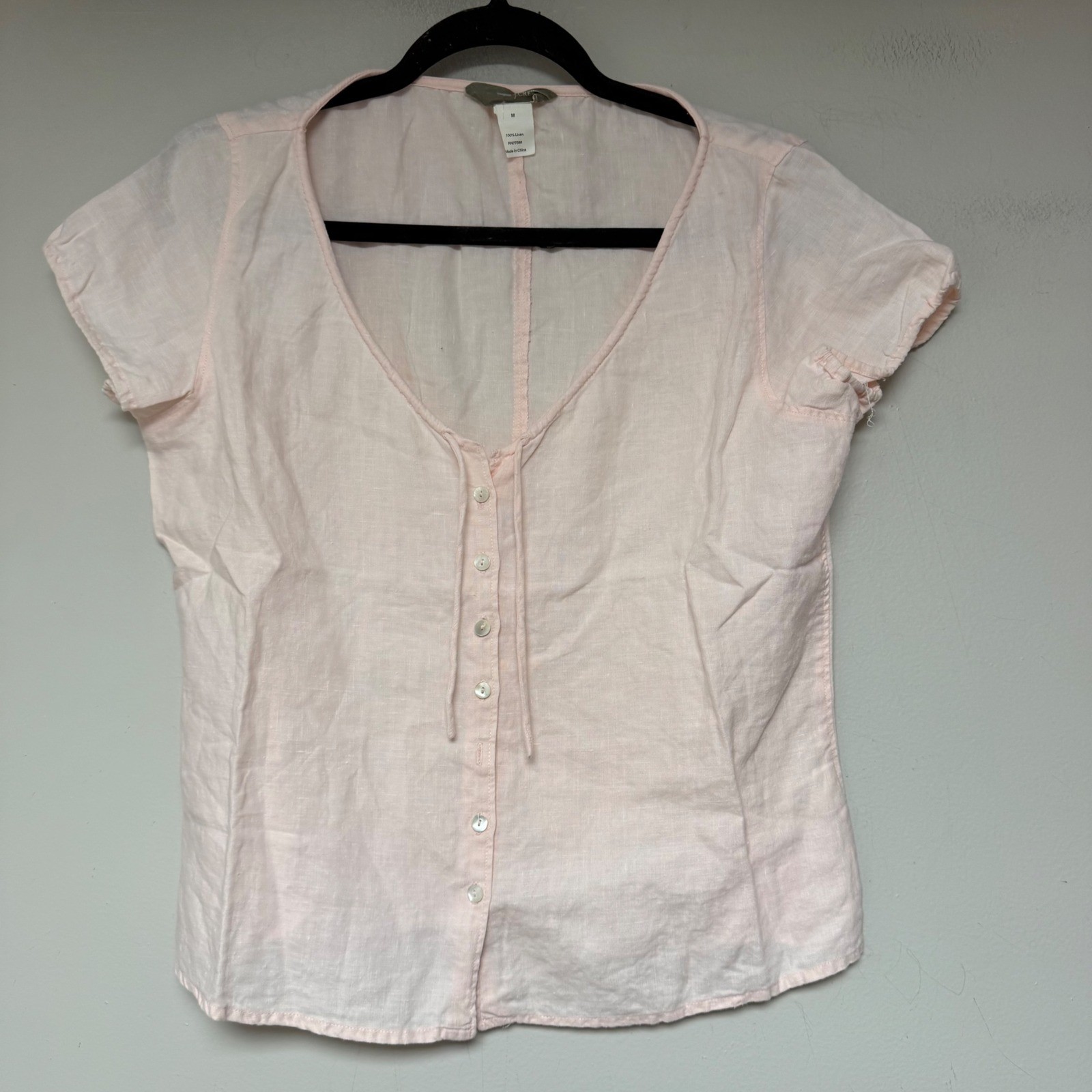 J.Crew Linen Blouse Womens Medium Pink Excellent Button Down V-Neck Tie Front
