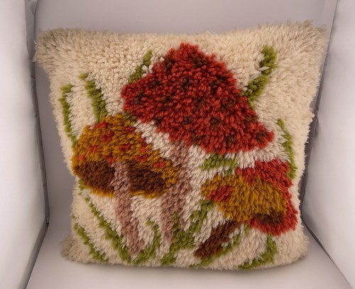 Vintage 1970’s Mushroom Latch Hook Throw Pillow Groovy Decor 16x15