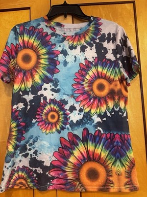 Women's Multicolor Sunflower All Over Print Crew Neck Short Sleeve T-Shirt M