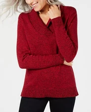 /LX085/ Karen Scott Cotton Marled Shawl-Collar Sweater New Red Sz M