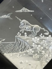 Acrylic Paperweight Signed Unicorn Dekel&rsquo;s Etched Square Cube Fantasy Mystical