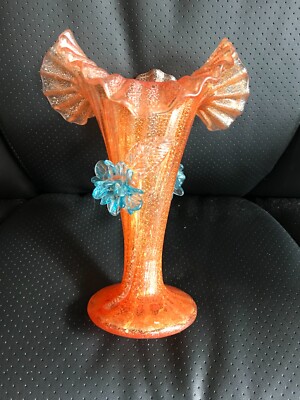 Beautiful Stevens & Williams Golden Vase with Blue Flowers - EOx