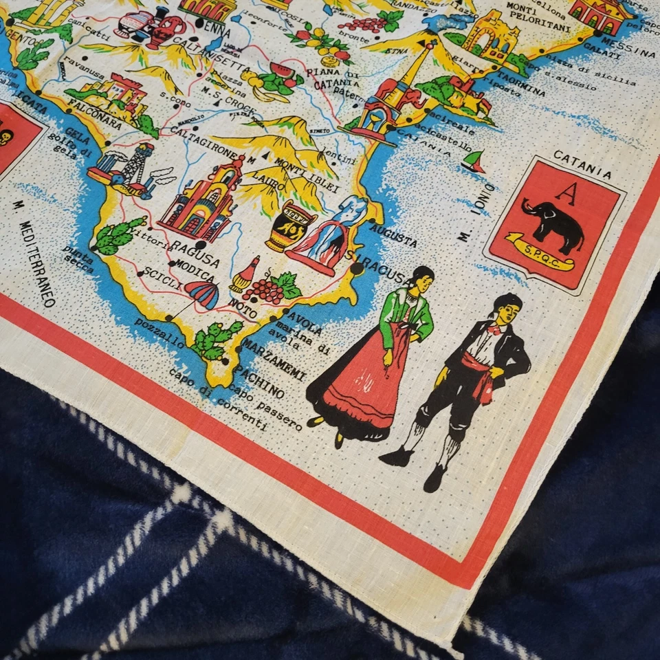 Tapiz topográfico de algodón vintage años 80 SICILIA 30" X 19" Foto 4 de 4