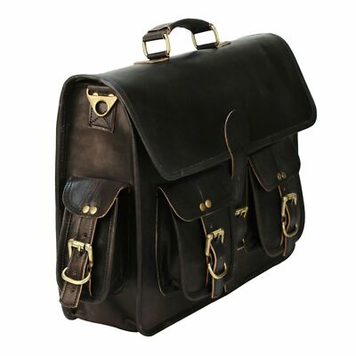 18'' Men's Handmade Black Leather Messenger Shoulder Bag Laptop Briefcase Travel 