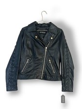 Guess Black Leather Biker Jacket Lace Up Eyelet Size L Premium
