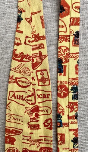 Vintage Rooster Brand Cotton Tie Antique Cars Yellow, Orange 2 7/8"x 53 3/4" - Picture 10 of 11