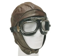 Vintage Aviation Helmet Pilot Cap Leather Lining 100% Cotton Brown with Goggles
