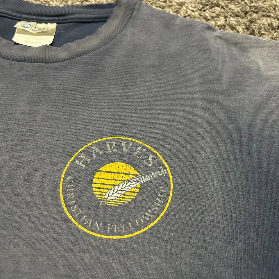 Vtg Thrashed Shirt Sun Faded Christian Graphic Tee 90s y2k Navy Blue XL - Image 3 of 4