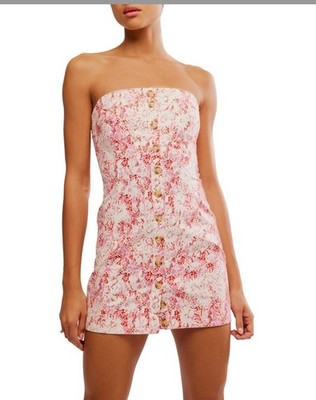 Free People Tomas Mini Micro Dress XL Floral Pink Strapless Smocked Button NEW