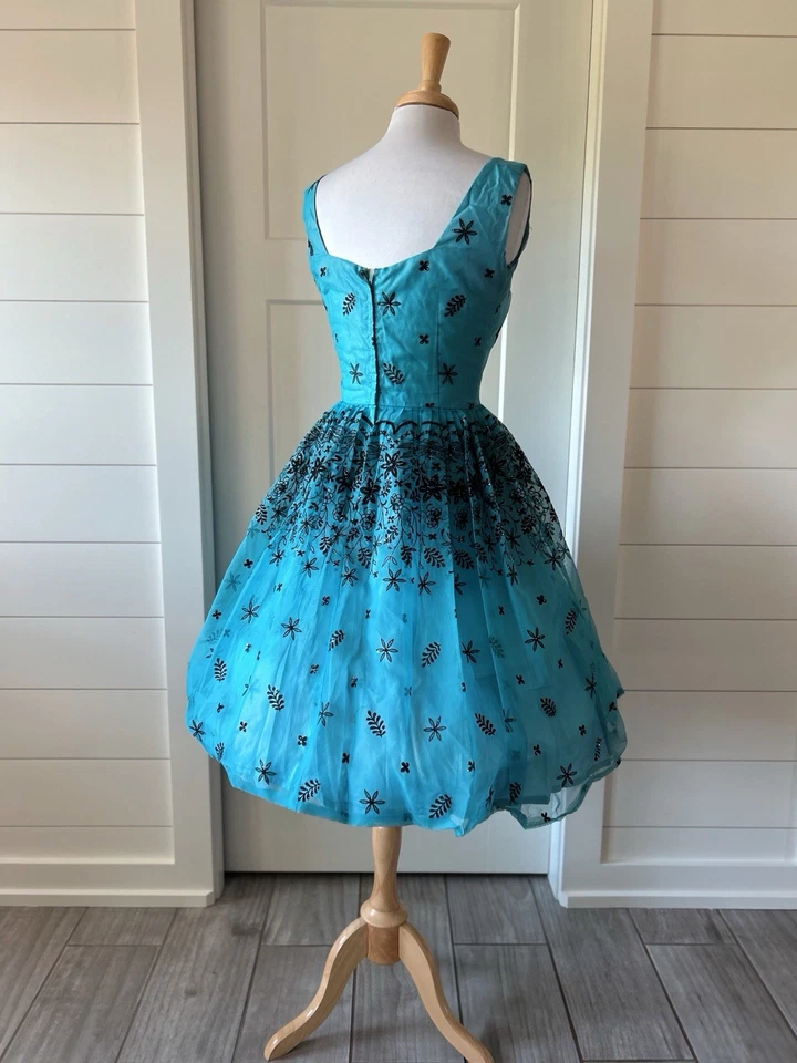 Vestido de noite vintage 1950s glitter flocado patty chiffon coquetel aquático  - Imagem 2 de 4