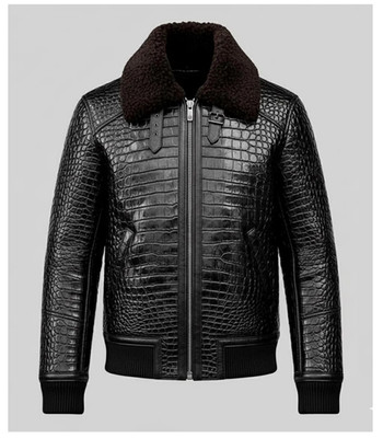 Men's Black Leather Jacket Crocodile Embossed Pattern Alligator Leather Jacket