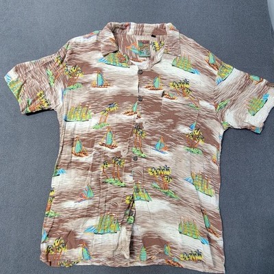 Pineapple Connection Mens LG Tropical Sailboat Palm Tree Rayon Hawaiian Shirt