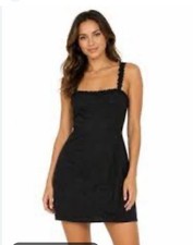 Reformation Janie Linen Dress Black Ruffle Strap Smocked Mini Size 4