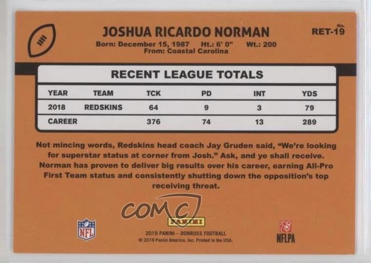 2019 Panini Donruss Retro 1989 Josh Norman #RET-19 - Image 2 of 2