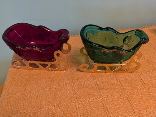 2 Fenton Glass Sleigh W/ Brass Runners/Base Xmas Decor Christmas Candy Dish