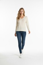 Womens Ann Taylor LOFT Cream V-Neck Sweater Sm Merino Wool Blend Minimalist Cozy