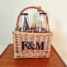 Fortnum and Mason F&M Wicker Basket 4 Bottle Holder Carrier W/ Handle Wine Milk 