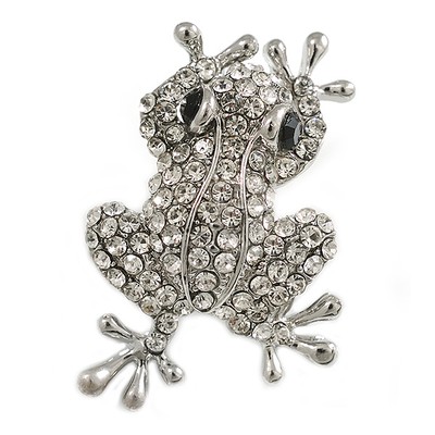 Kleine klare Kristall Frosch Brosche in Silberfarben - 38 mm lang