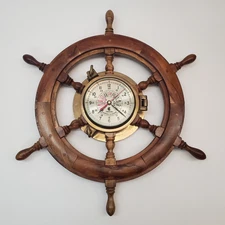 Vintage Chadburns Nautical Ship Wheel Wall Clock Wooden Brass 18.5” VTG