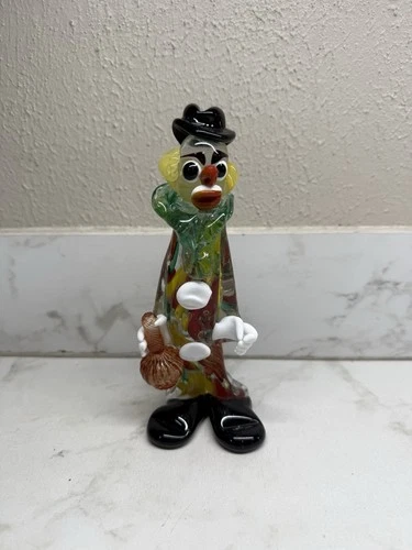 Murano Hand Blown Colorful Glass Clown holding a Vase Figure 7.5” Tall MCM