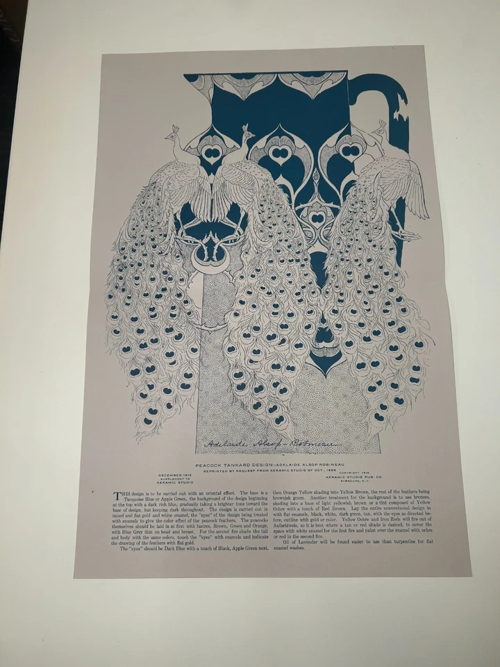 Tanque de pavo real Keramic Studio 1915 diseño por Robineau impresión Art Nouveau Foto 2 de 3