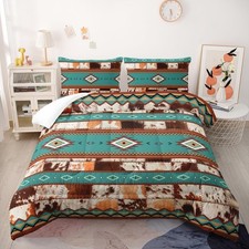 Boho Quilt Highland Cowhide Print Comforter Sets Queen Size Green Bedding