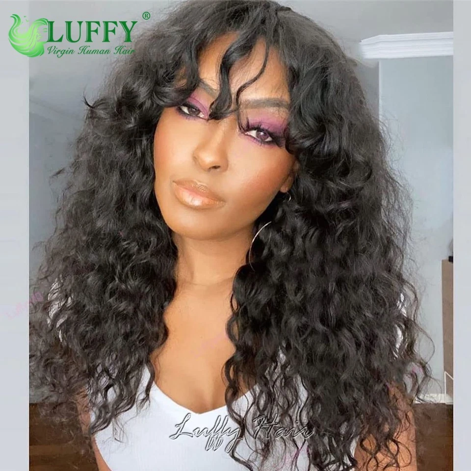 Peluca rizada de agua cuero cabelludo superior completa hecha a máquina pelucas con flequillo cabello humano brasileño Foto 2 de 4