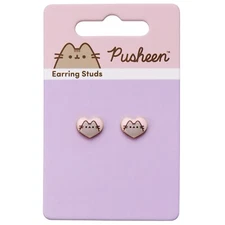 Pusheen the Cat Pink Enamel and Gold Heart Stud Earrings