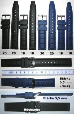 SILIKON KAUTSCHUKUHRENARMBAND Wassersport Chronograph Blau od Schwarz 18 od 20mm