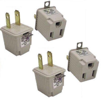 WHITE FOUR Pack 3 Prong Plug To 2 Prong Socket Outlet Adapters 3-2